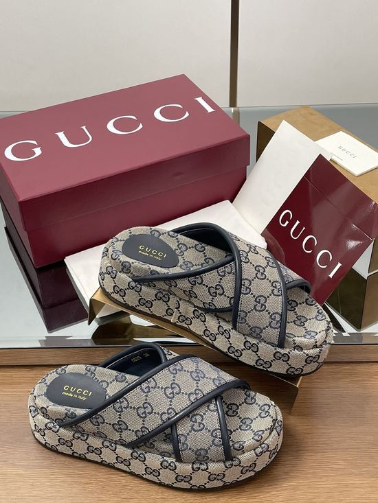 Gucci Embroidered Monogram Crisscross Strap Platform Sandals