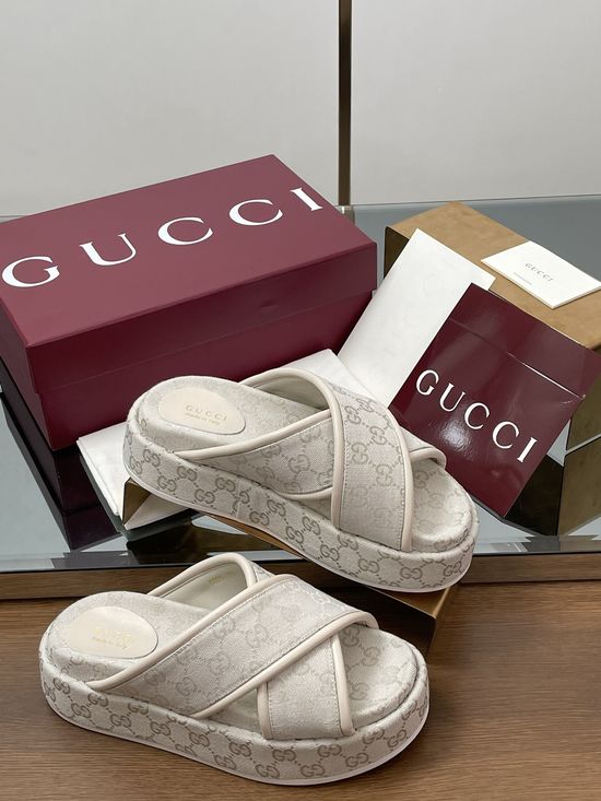 Gucci Embroidered Monogram Crisscross Strap Platform Sandals