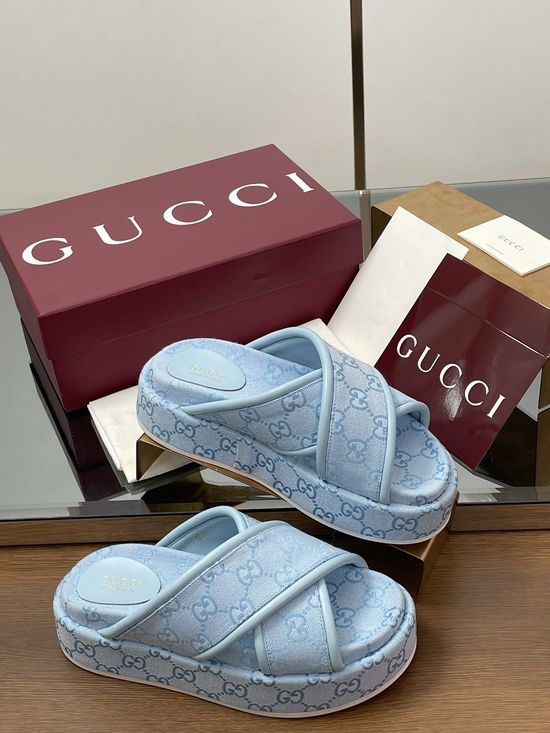 Gucci Embroidered Monogram Crisscross Strap Platform Sandals