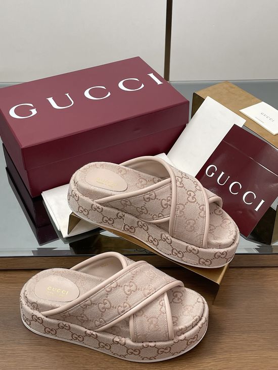 Gucci Embroidered Monogram Crisscross Strap Platform Sandals