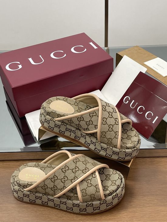 Gucci Embroidered Monogram Crisscross Strap Platform Sandals