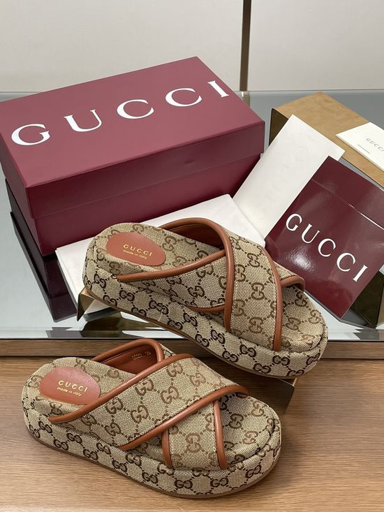 Gucci Embroidered Monogram Crisscross Strap Platform Sandals