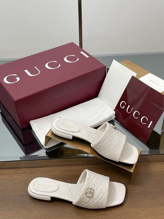 Gucci Matte Leather Embossed Slide Sandals with Silver Buckle