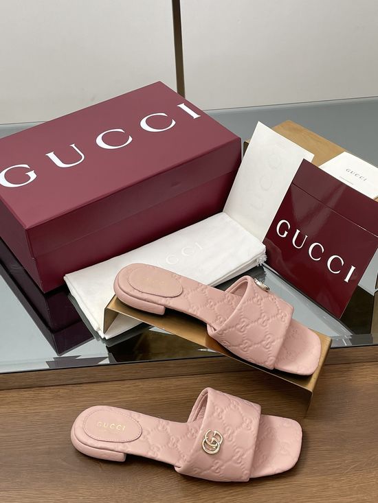 Gucci Matte Leather Embossed Slide Sandals with Silver Buckle