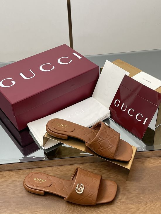 Gucci Matte Leather Embossed Slide Sandals with Silver Buckle