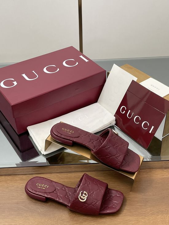 Gucci Matte Leather Embossed Slide Sandals with Silver Buckle