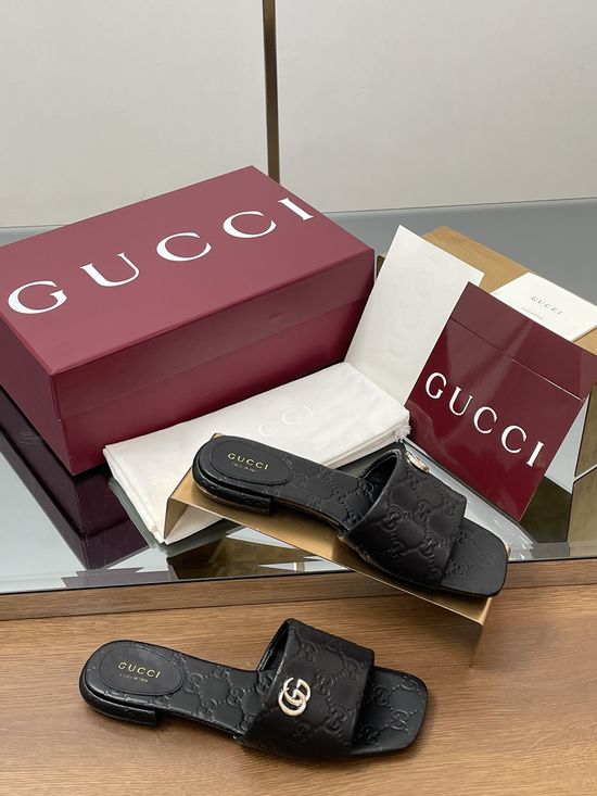 Gucci Matte Leather Embossed Slide Sandals with Silver Buckle