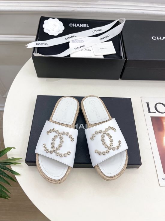 Chanel Rhinestone Straw Woven Fisherman Slides Classic Design
