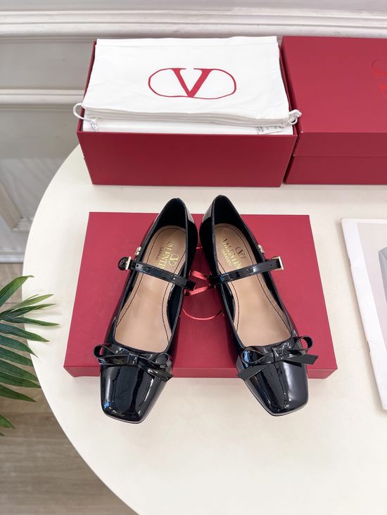 Valentino Bow Detail Square Toe Mary Jane Flats with V Accent