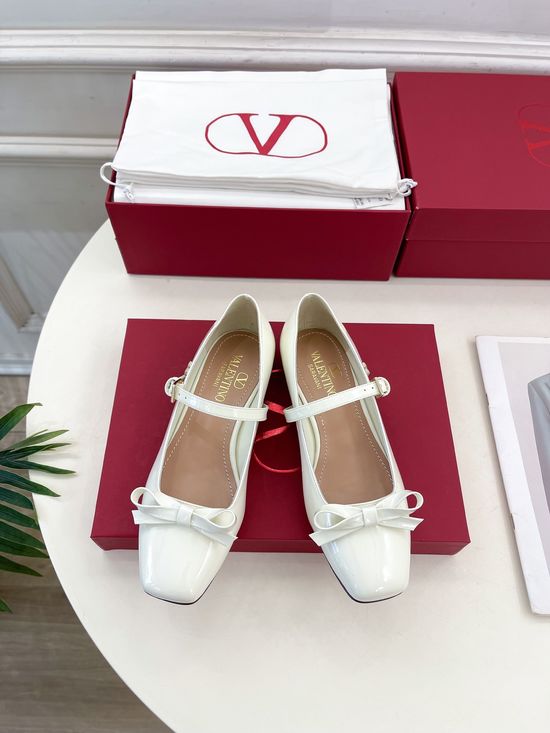 Valentino Bow Detail Square Toe Mary Jane Flats with V Accent