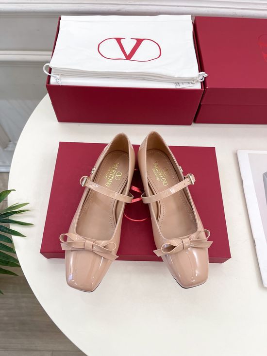 Valentino Bow Detail Square Toe Mary Jane Flats with V Accent