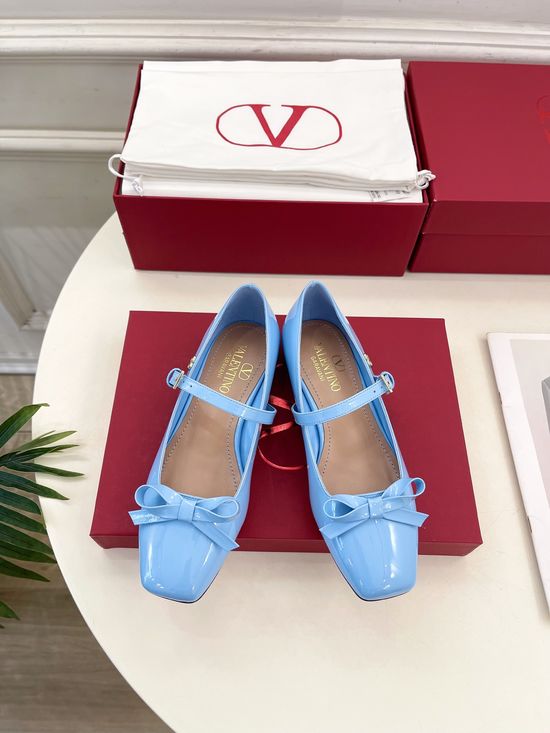 Valentino Bow Detail Square Toe Mary Jane Flats with V Accent