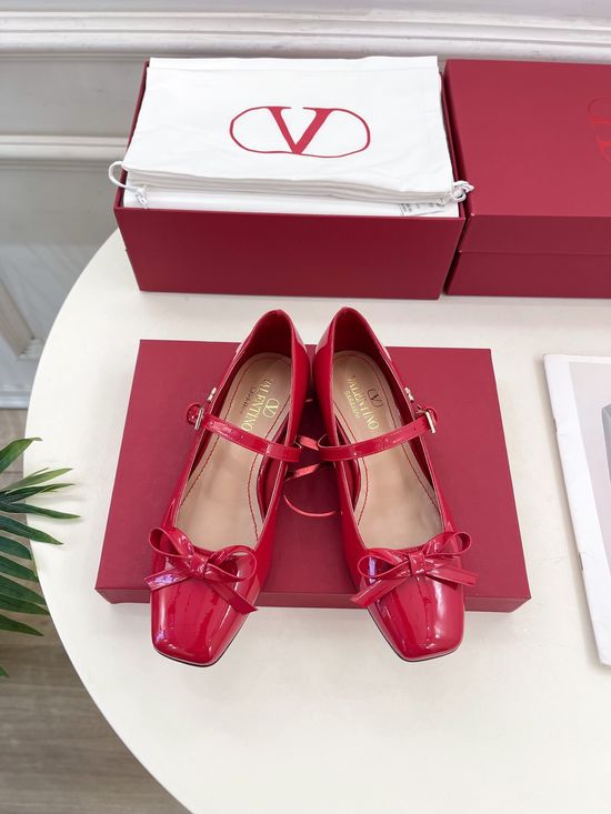 Valentino Bow Detail Square Toe Mary Jane Flats with V Accent
