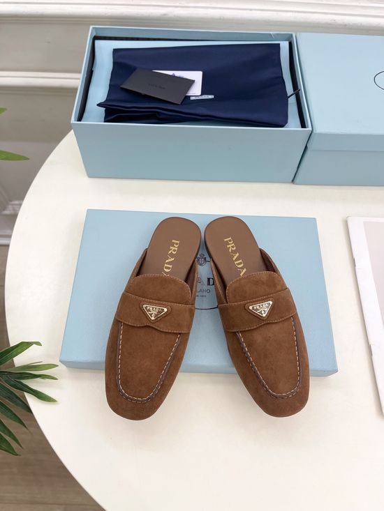 Prada Suede Mules with Metal Emblem Genuine Leather Sole Flat Shoes