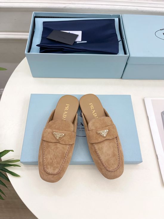 Prada Suede Mules with Metal Emblem Genuine Leather Sole Flat Shoes