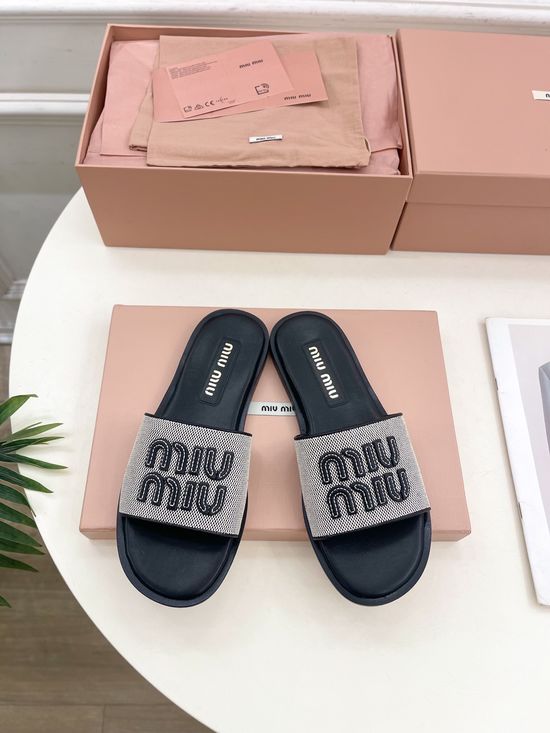 Miu Miu Fabric Slip On Slippers with Small Logo Genuine Leather Sole