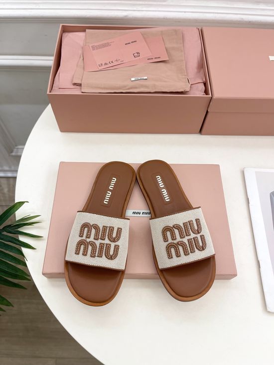 Miu Miu Fabric Slip On Slippers with Small Logo Genuine Leather Sole