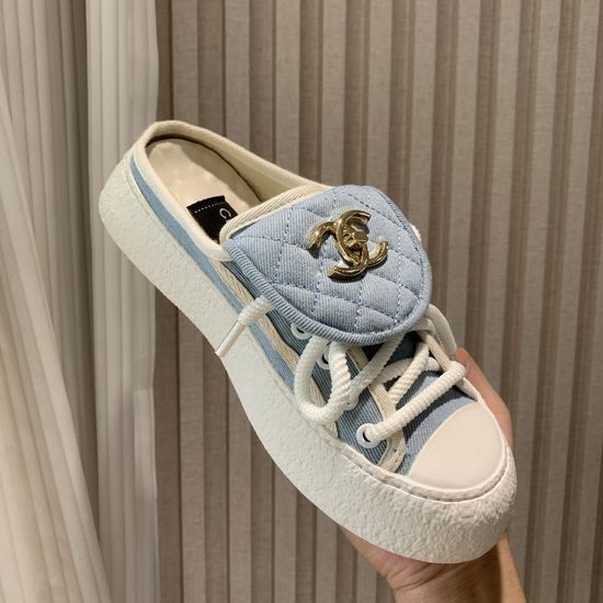 Chanel Casual Canvas Slip On Shoes With Buckle Detail