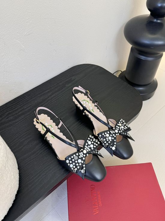 Valentino Rhinestone Bow Decor Block Heel Sandals