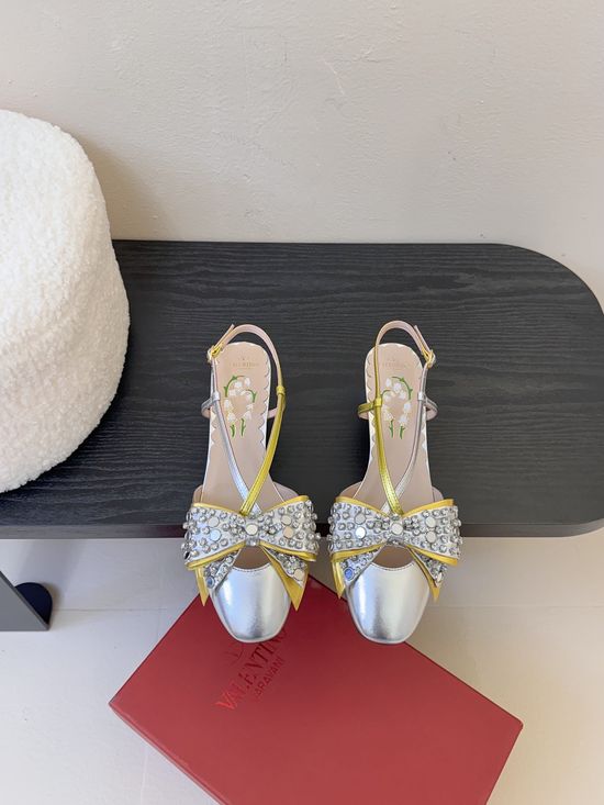 Valentino Rhinestone Bow Decor Block Heel Sandals