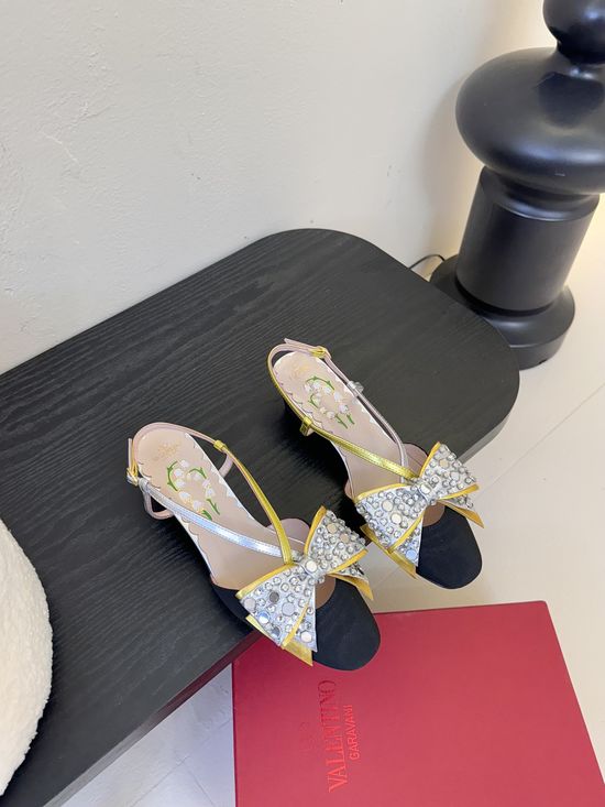 Valentino Rhinestone Bow Decor Block Heel Sandals