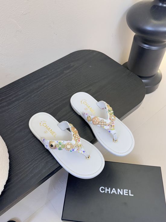 Chanel Rhinestone Logo Thong Flat Slide Sandals