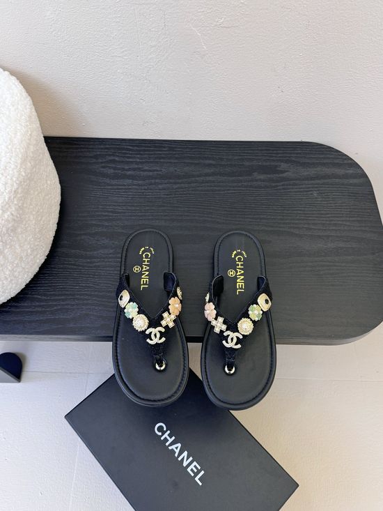 Chanel Rhinestone Logo Thong Flat Slide Sandals