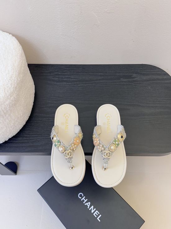 Chanel Rhinestone Logo Thong Flat Slide Sandals