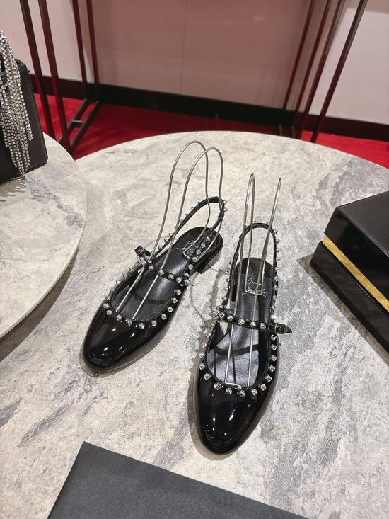 Christian Louboutine Black Leather Open Back Round Toe Flat Ballet Shoes