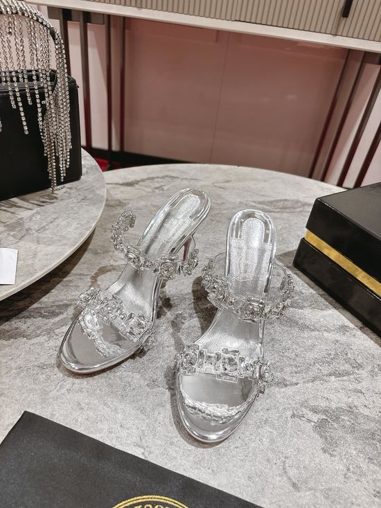 Christian Louboutine Silver Embellished PVC Strap High Heel Slides