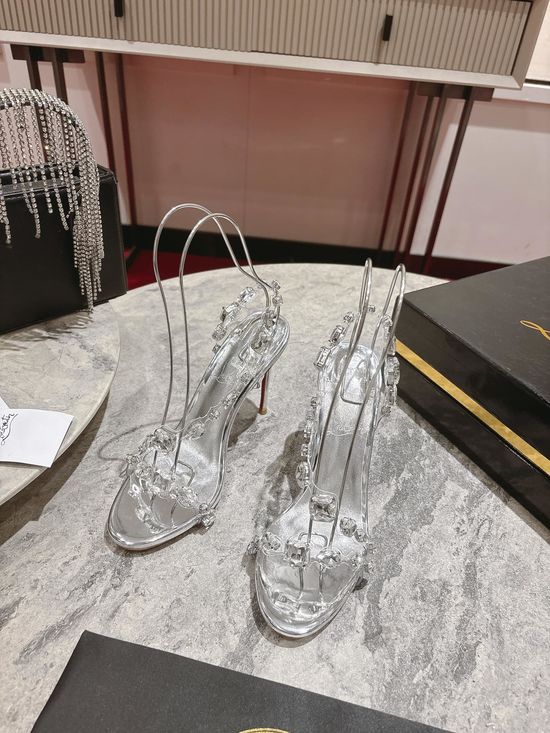 Christian Louboutine Silver Crystal Decorated Ankle Strap High Heel Sandals