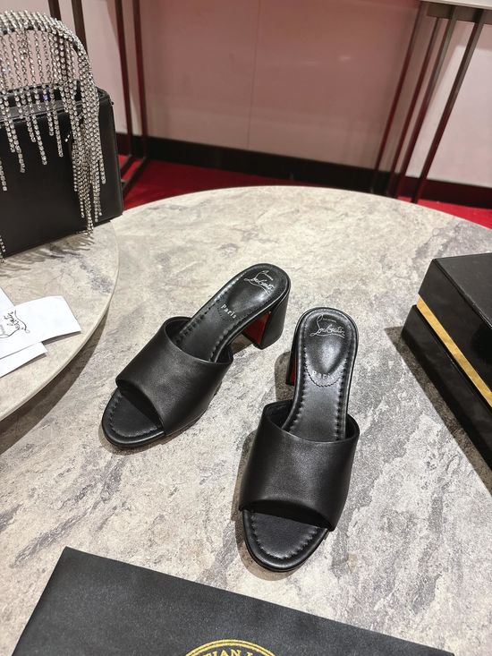 Christian Louboutine Chunky Heel Slide Sandals Leather Upper Slim Straps