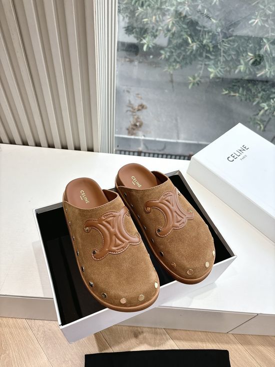 Celine Peep Toe Matte Leather Mule Sandals Retro Flat Casual Slip On Shoes