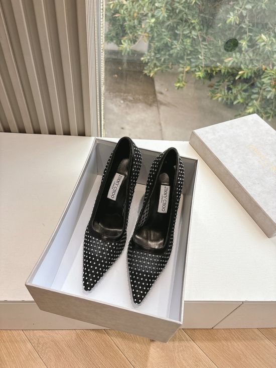 Jimmy Choo Rhinestone Pointed Toe Heels with Customizable Flower Accent