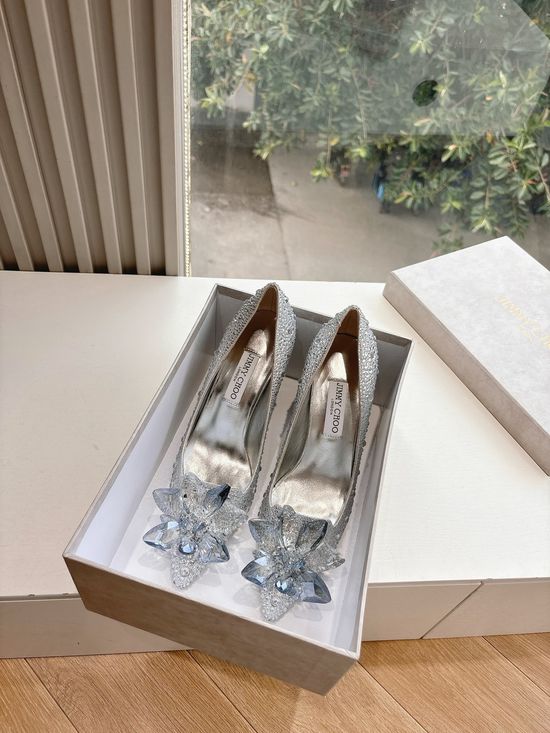 Jimmy Choo Handmade Pointed Toe Rhinestone Heels with Flower Accents