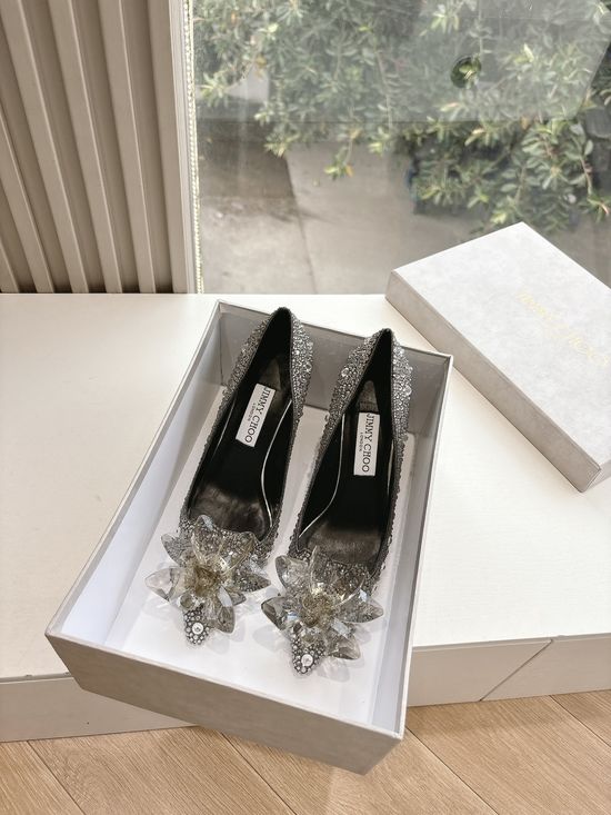 Jimmy Choo Handmade Pointed Toe Rhinestone Heels with Flower Accents
