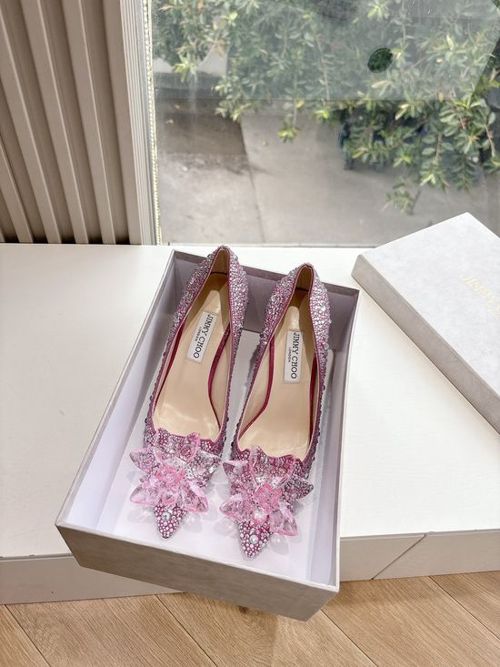 Jimmy Choo Handmade Pointed Toe Rhinestone Heels with Flower Accents
