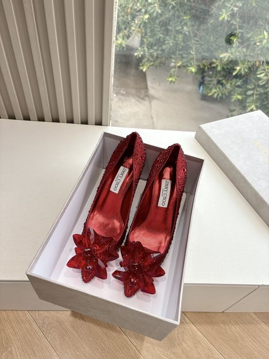 Jimmy Choo Handmade Pointed Toe Rhinestone Heels with Flower Accents
