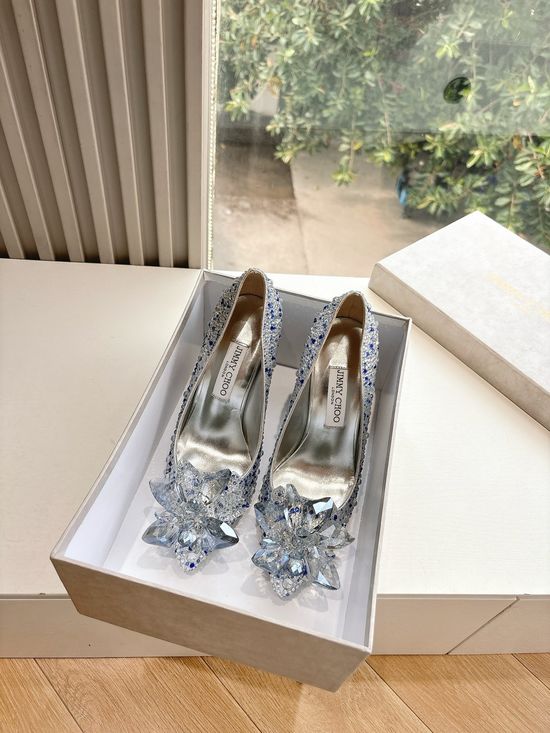 Jimmy Choo Handmade Pointed Toe Rhinestone Heels with Flower Accents
