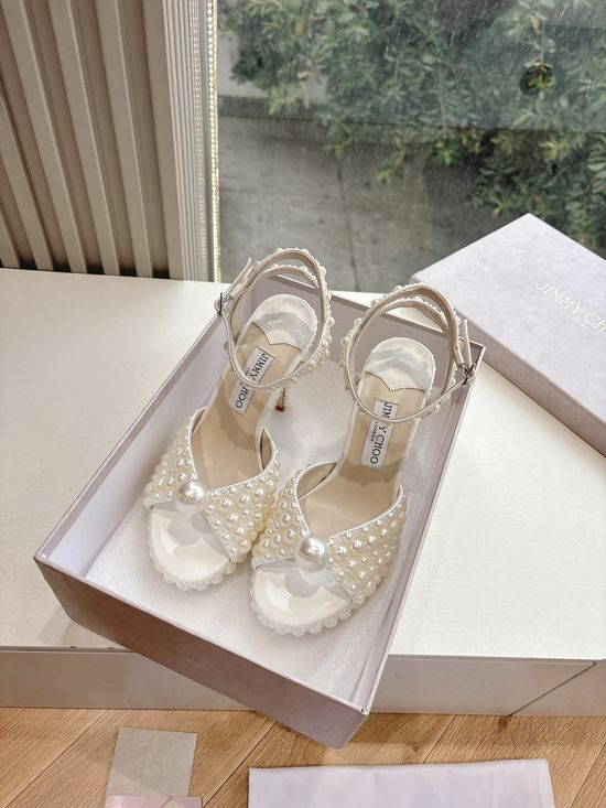 Jimmy Choo Handmade Platform Pearl Heels with Customizable Flower Details