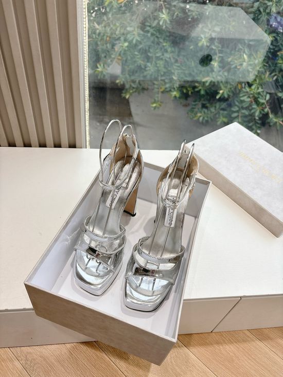 Jimmy Choo Elegant Patent Leather Platform Heels with Adjustable Floral Detail