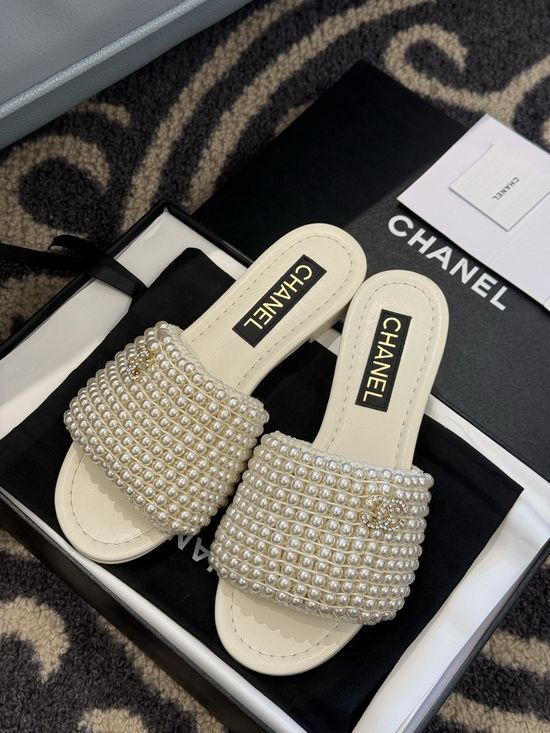 Chanel Elegant Pearl Decor Slippers with Lambskin Insole