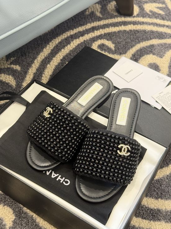 Chanel Elegant Pearl Decor Slippers with Lambskin Insole