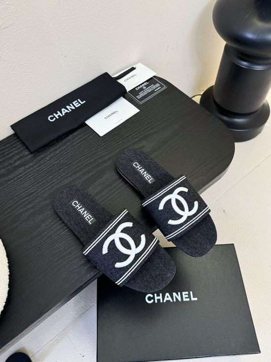 Chanel Denim Upper Casual Slides Premium Genuine Leather Sole