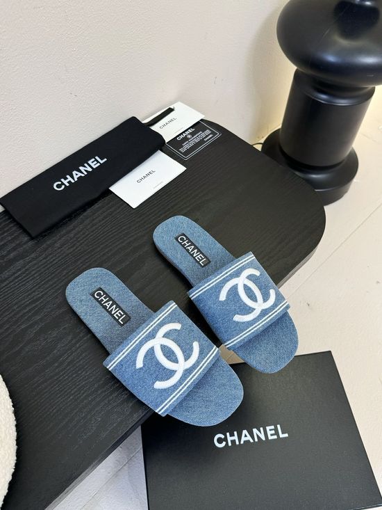 Chanel Denim Upper Casual Slides Premium Genuine Leather Sole