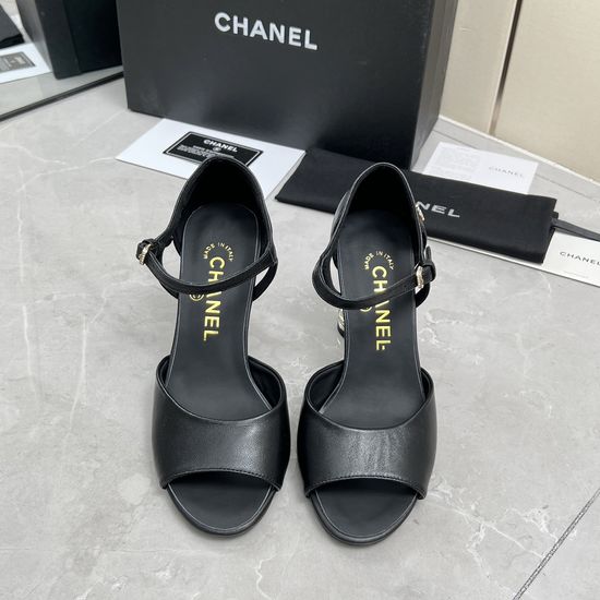 Chanel Rhinestone High Heel Leather Upper Elegant Sandals