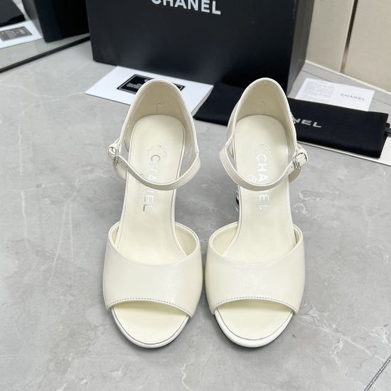 Chanel Rhinestone High Heel Leather Upper Elegant Sandals