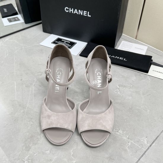 Chanel Rhinestone High Heel Leather Upper Elegant Sandals