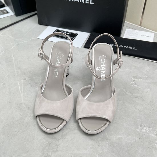 Chanel Rhinestone High Heel Leather Upper Elegant Sandals
