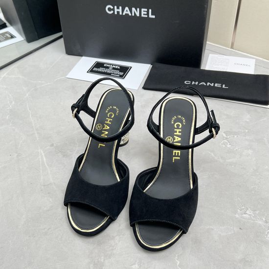 Chanel Rhinestone High Heel Leather Upper Elegant Sandals